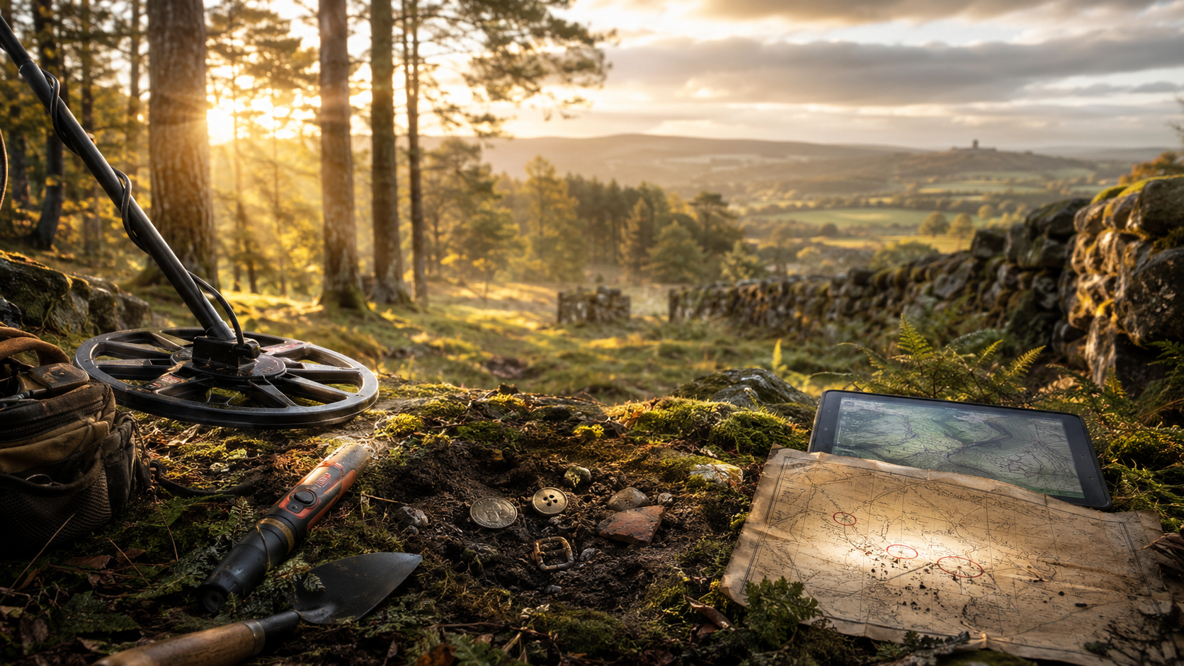 Falkirk Treasure Map cover showing metal detecting equipment, a marked map and historical finds on a Scottish woodland hillside.